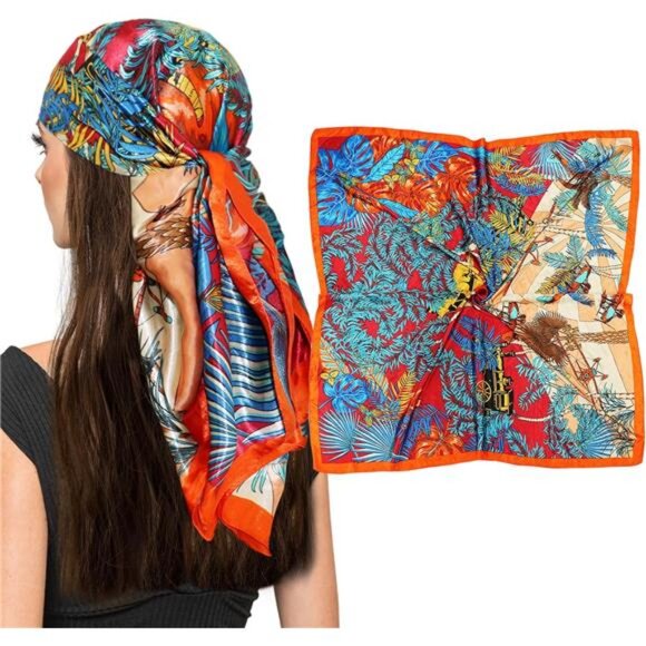 Accessories - 35" Square Silk Like Head Scarf - Women's Fashion Silk Feeling Scarf